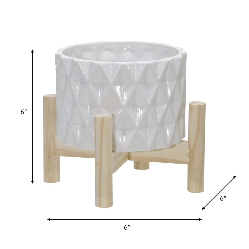 Sagebrook 6" Ceramic Diamond Planter With Wood Stand - White