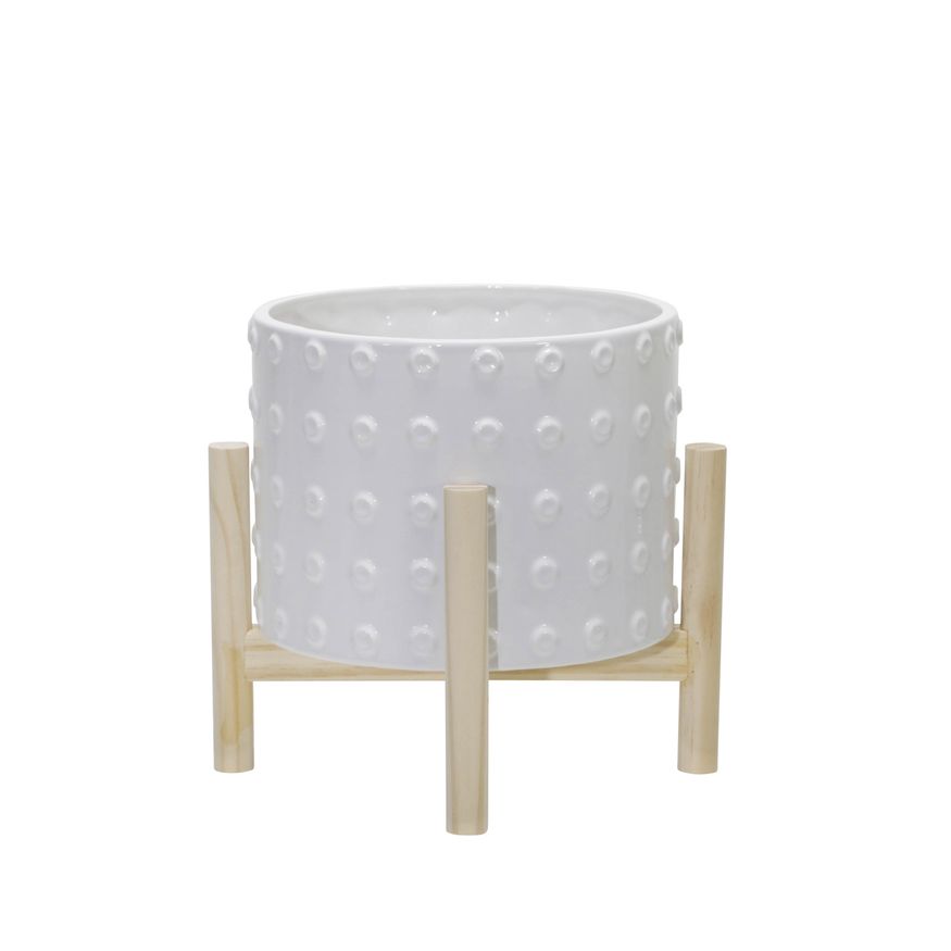 Sagebrook™ 8" Ceramic Dotted Planter With Wood Stand - White