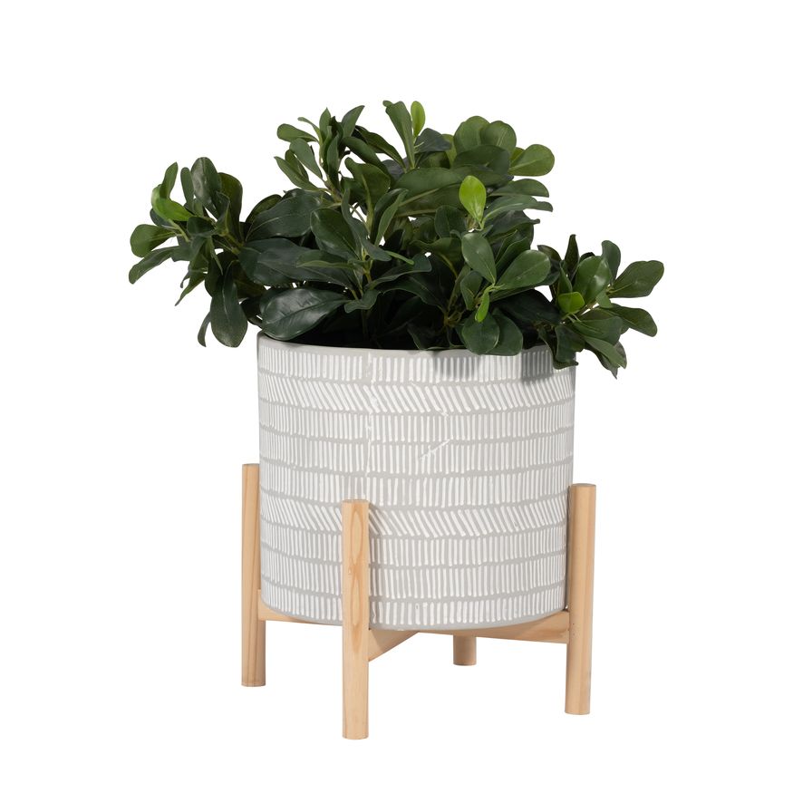 Sagebrook 12" Ceramic Tribal Planter With Wood Stand - Beige