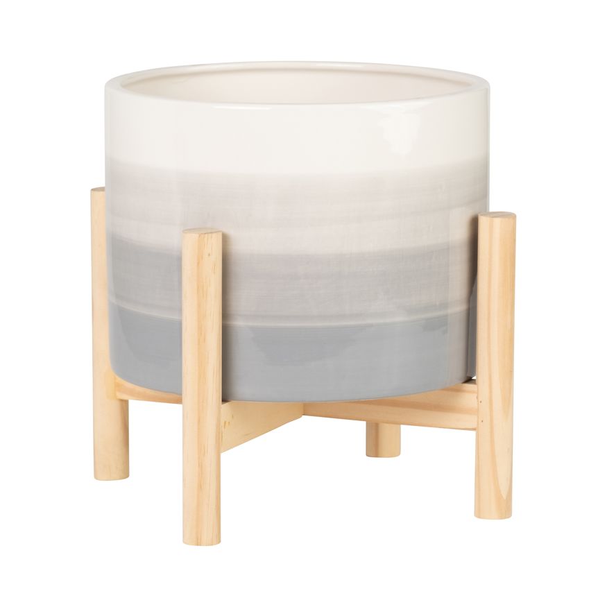 Sagebrook - 8" Ceramic Planter With Wood Stand in Beige Mix