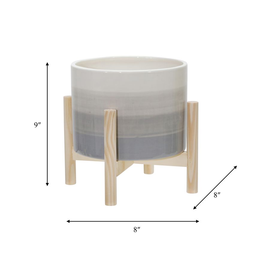 Sagebrook - 8" Ceramic Planter With Wood Stand in Beige Mix