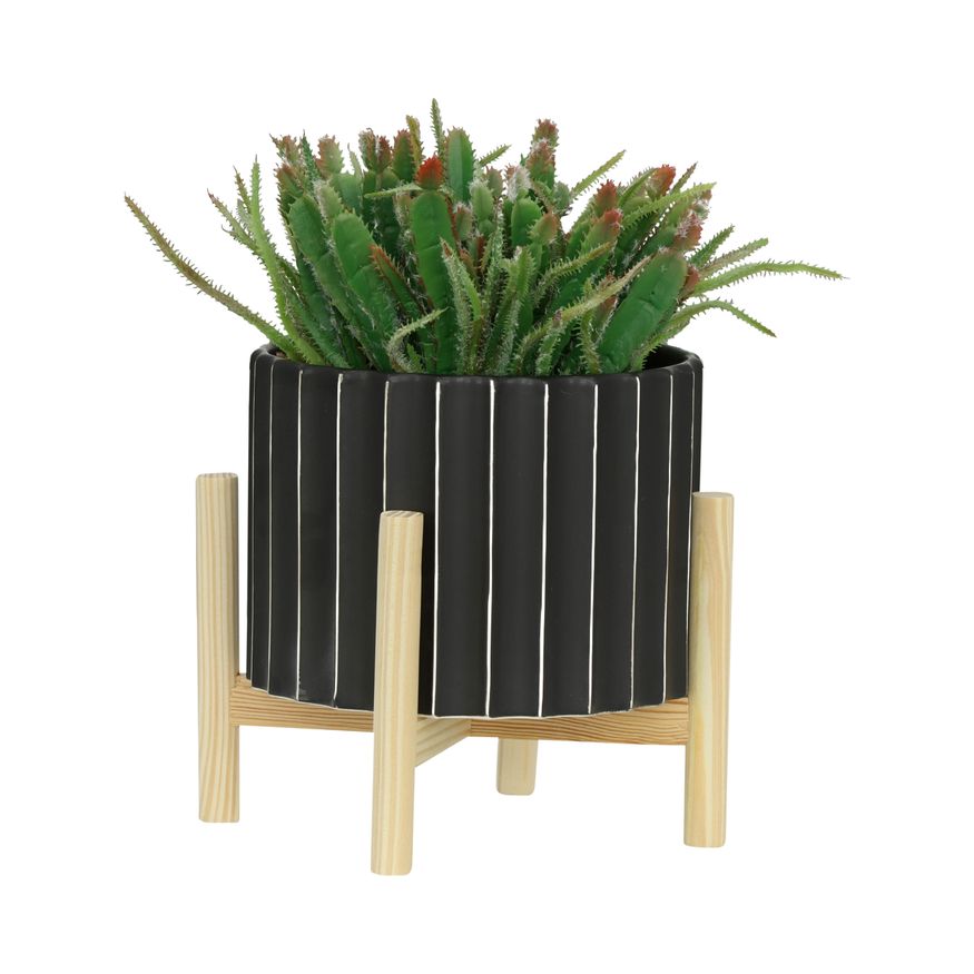 Sagebrook 8" Ceramic Fluted Planter With Wood Stand - Black