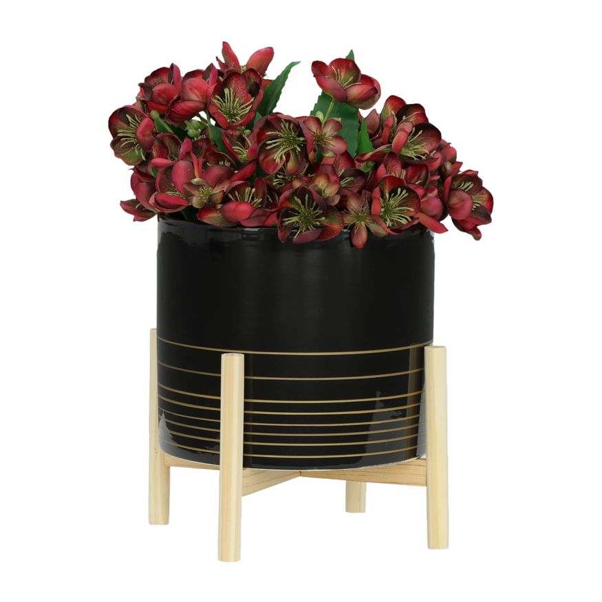 Sagebrook 12" Ceramic Metallic Planter With Wood Stand - Black