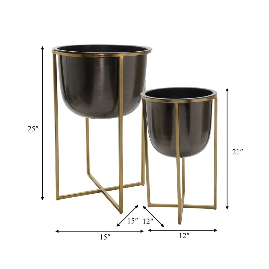 Sagebrook 25"/21" Metal Planters With Stand (Set Of 2) - Gunmetal/Gold