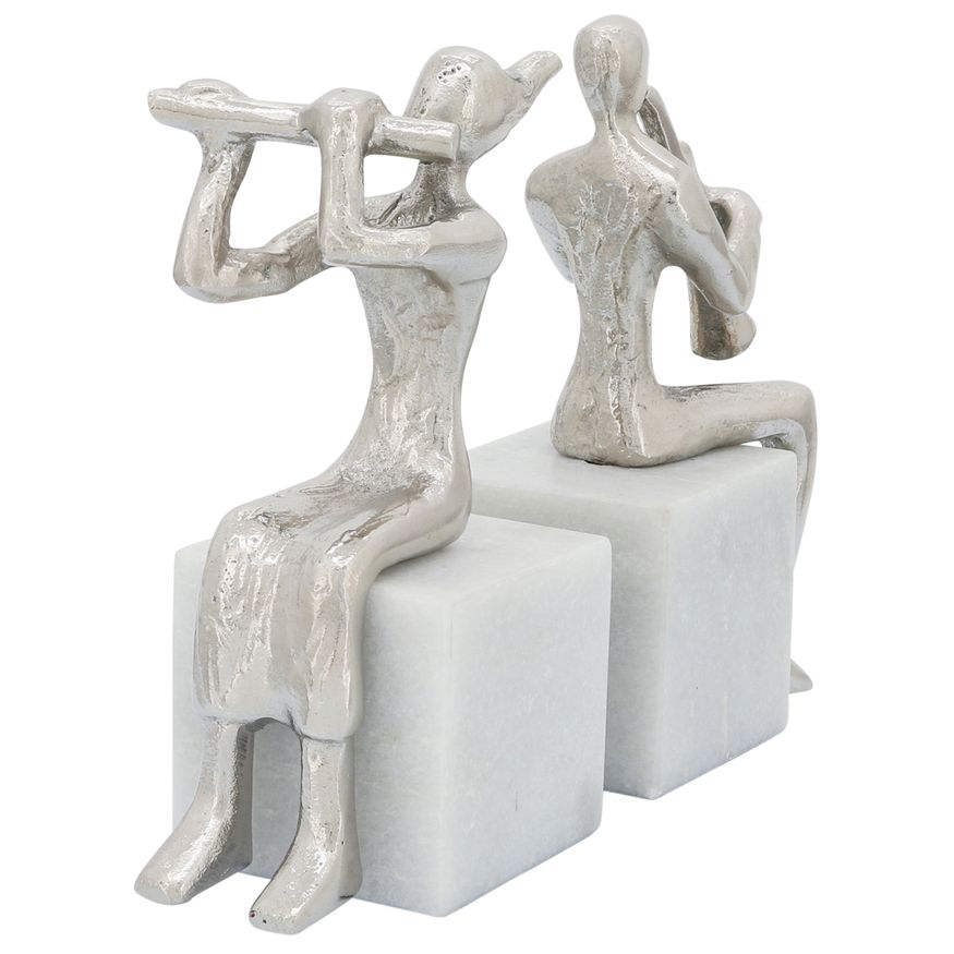 Sagebrook - Metal Musicians On Marble Base (Set Of 2) in Silver