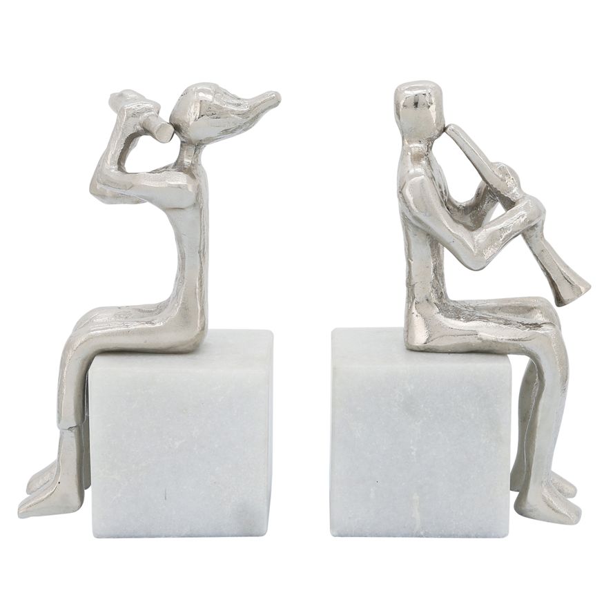 Sagebrook - Metal Musicians On Marble Base (Set Of 2) in Silver