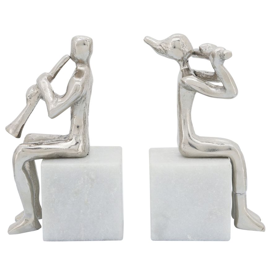 Sagebrook - Metal Musicians On Marble Base (Set Of 2) in Silver