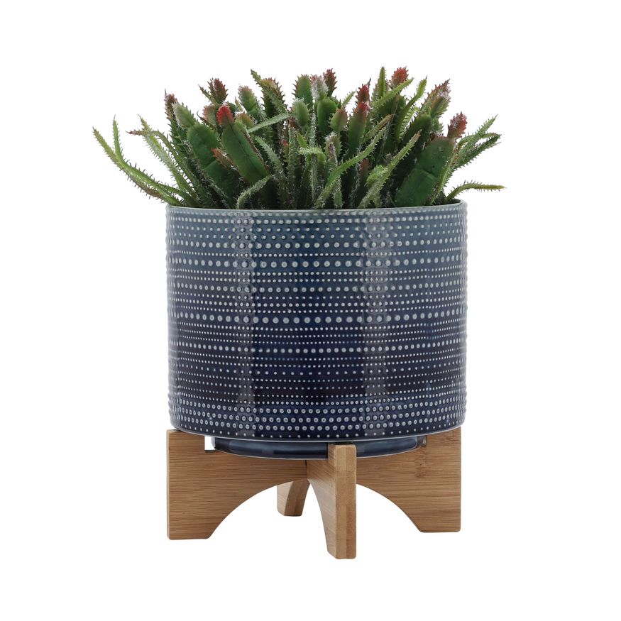 Sagebrook 8" Dotted Planter With Wood Stand - Blue