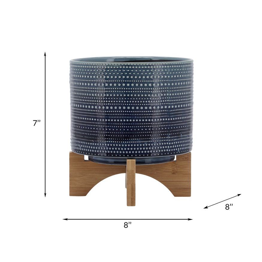 Sagebrook 8" Dotted Planter With Wood Stand - Blue