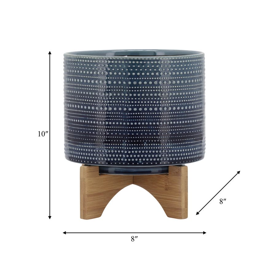 Sagebrook 8" Dotted Planter With Wood Stand - Blue