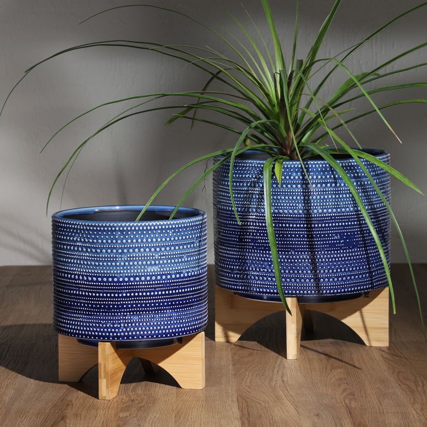 Sagebrook 8" Dotted Planter With Wood Stand - Blue