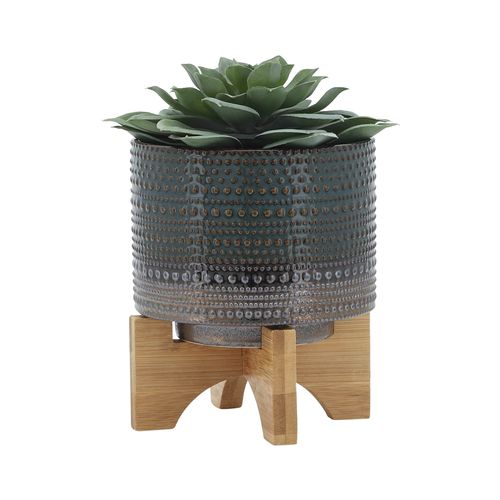 Sagebrook 5" Dotted Planter With Wood Stand - Green