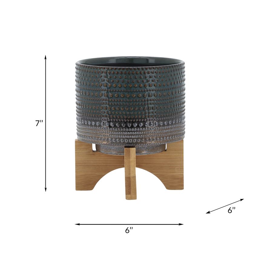 Sagebrook 5" Dotted Planter With Wood Stand - Green