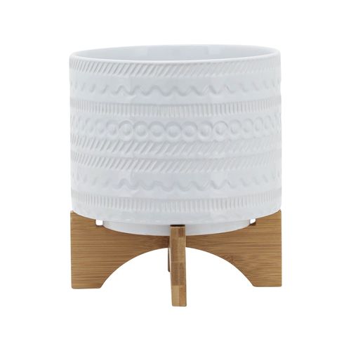 Sagebrook 8" Tribal Planter With Wood Stand - White