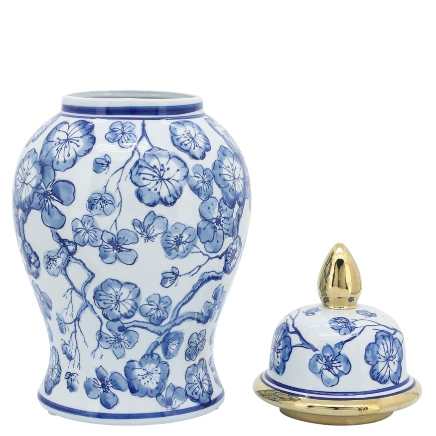 Sagebrook - 14" Temple Jar With Hibiscus in Blue & White