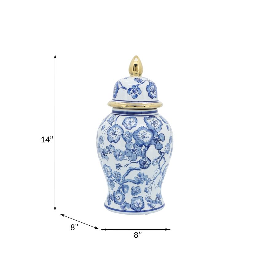 Sagebrook - 14" Temple Jar With Hibiscus in Blue & White