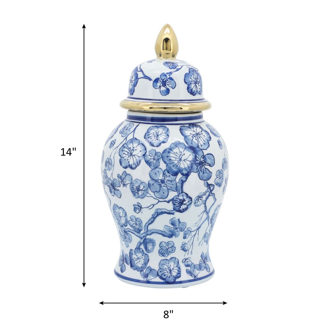 Sagebrook - 14" Temple Jar With Hibiscus in Blue & White