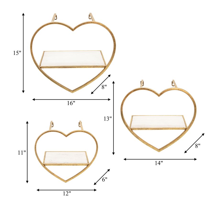 Sagebrook Metal/Wood Heart Wall Shelves (Set Of 3) - Gold