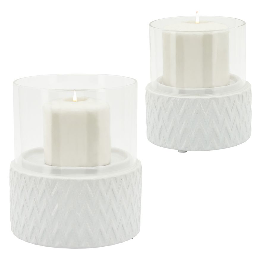 Sagebrook 5" White Ceramic/Glass Pillar Holder - Chevron