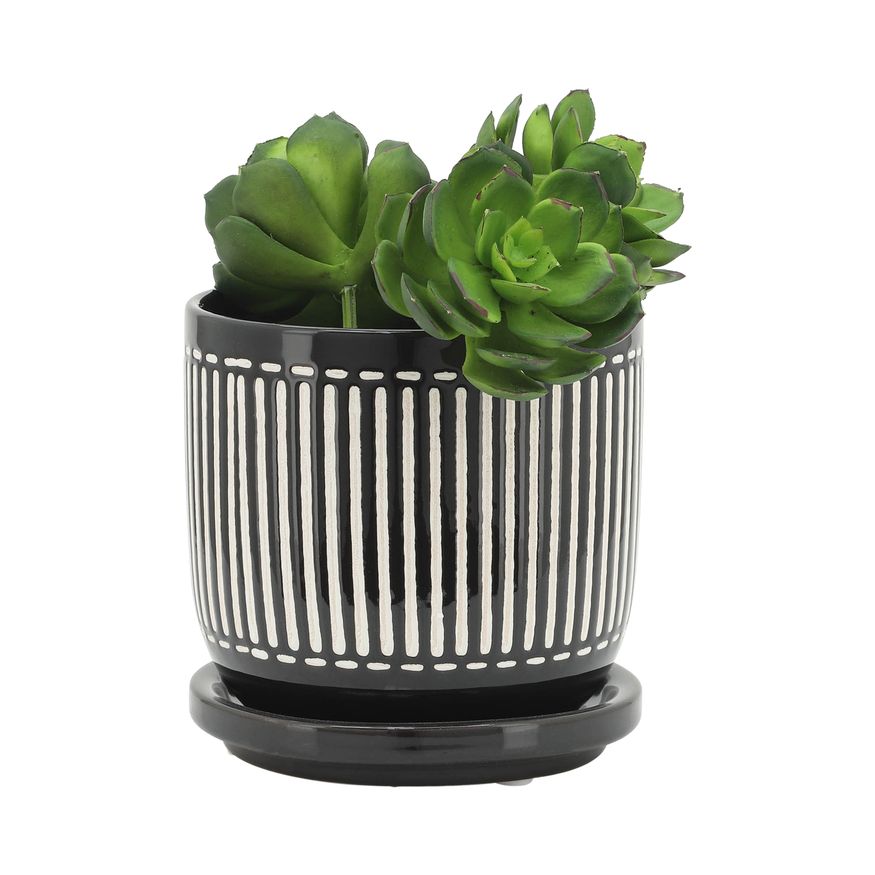 Sagebrook 5"/6" Vertical Lines Planters With Saucer (Set Of 2) - Black