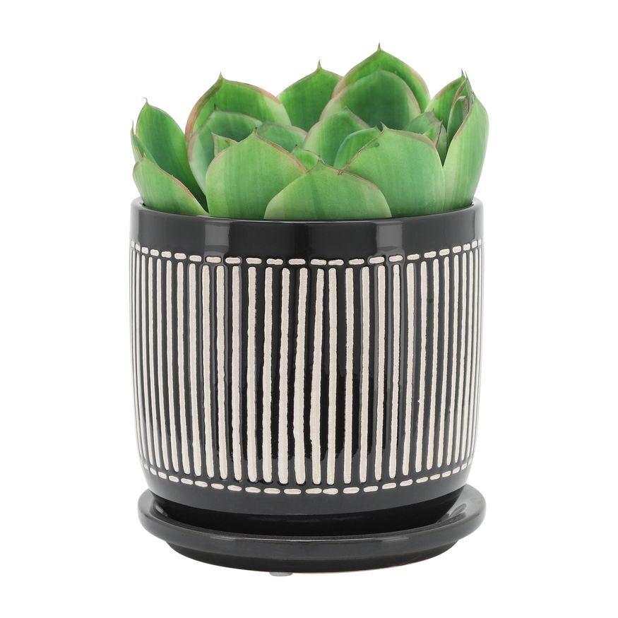 Sagebrook 5"/6" Vertical Lines Planters With Saucer (Set Of 2) - Black