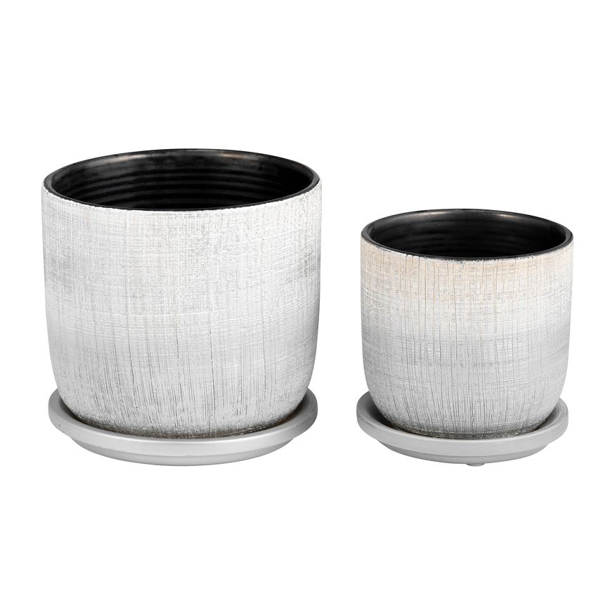 Sagebrook 5"/6" Textured Planters With Saucer (Set Of 2) - Silver