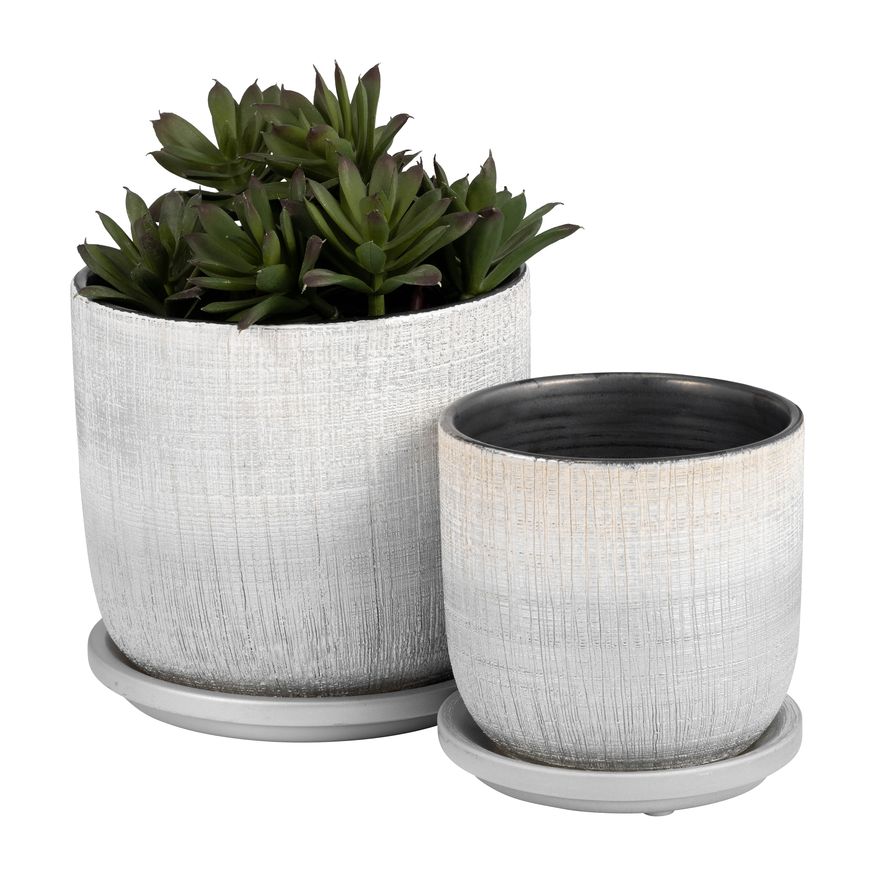 Sagebrook 5"/6" Textured Planters With Saucer (Set Of 2) - Silver