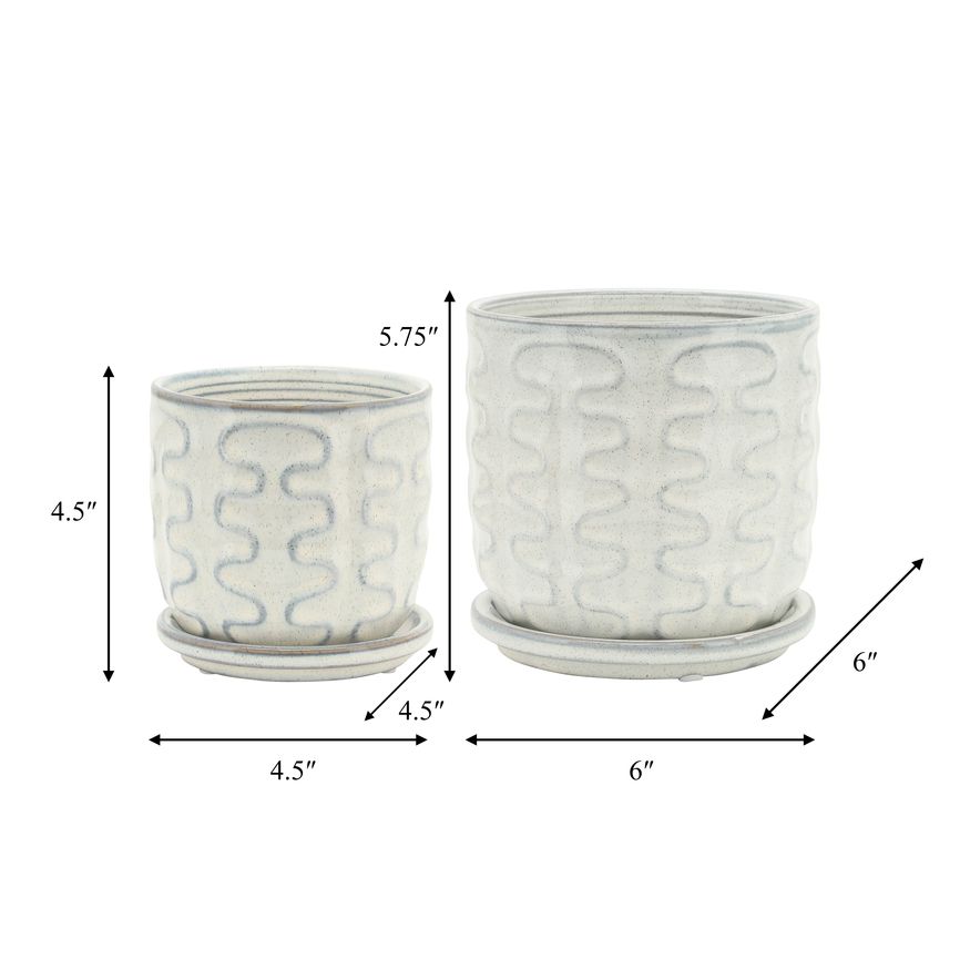 Sagebrook - 5"/6" Wiggly Ceramic Planters With Saucer (Set Of 2) in Beige