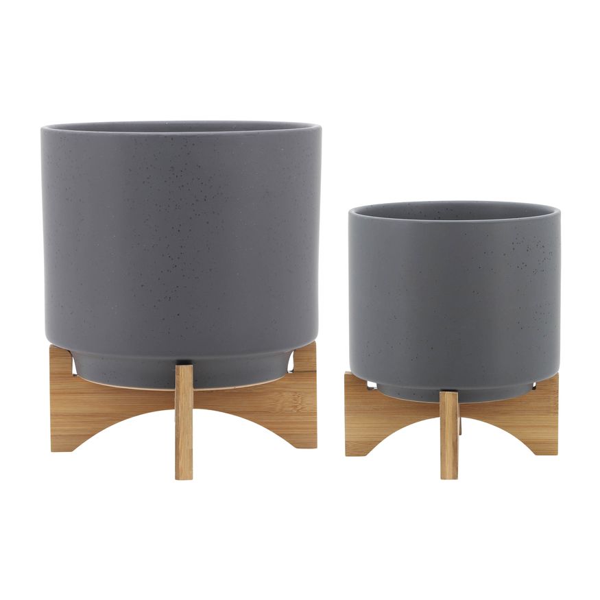 Sagebrook 8"/10" Planters With Wood Stand (Set Of 2) - Matte Gray