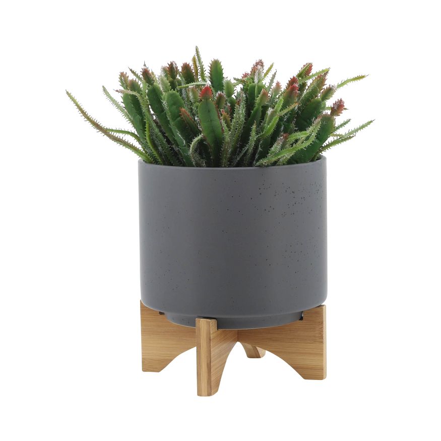 Sagebrook 8"/10" Planters With Wood Stand (Set Of 2) - Matte Gray