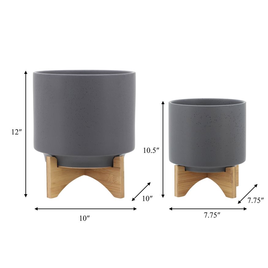 Sagebrook 8"/10" Planters With Wood Stand (Set Of 2) - Matte Gray