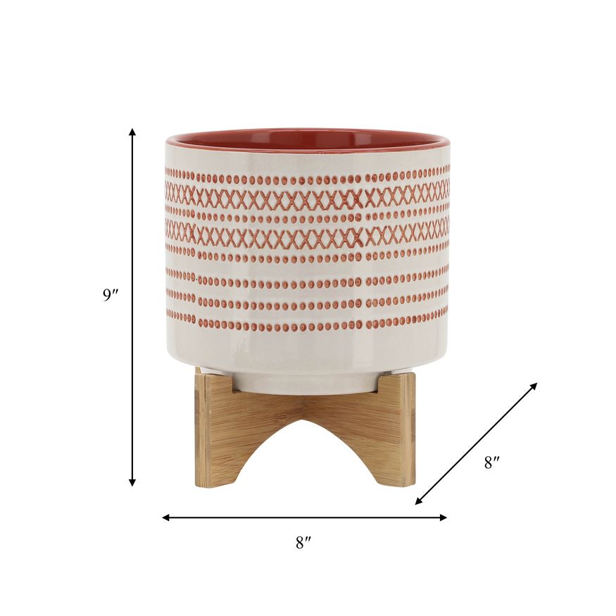 Sagebrook 8" Aztec Planter With Wood Stand - Orange