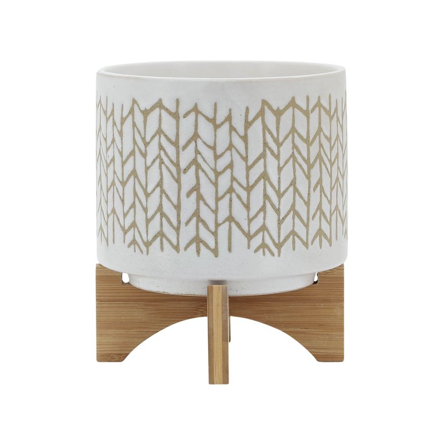 Sagebrook - 8" Chevron Planter With Wood Stand in Beige