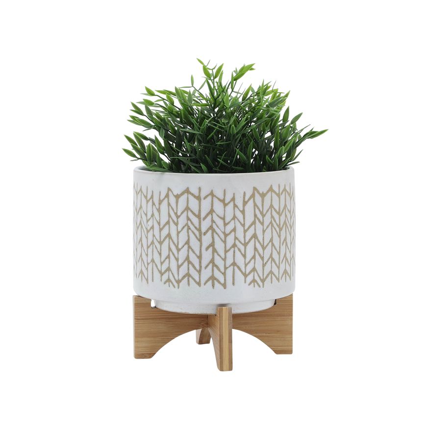 Sagebrook - 8" Chevron Planter With Wood Stand in Beige