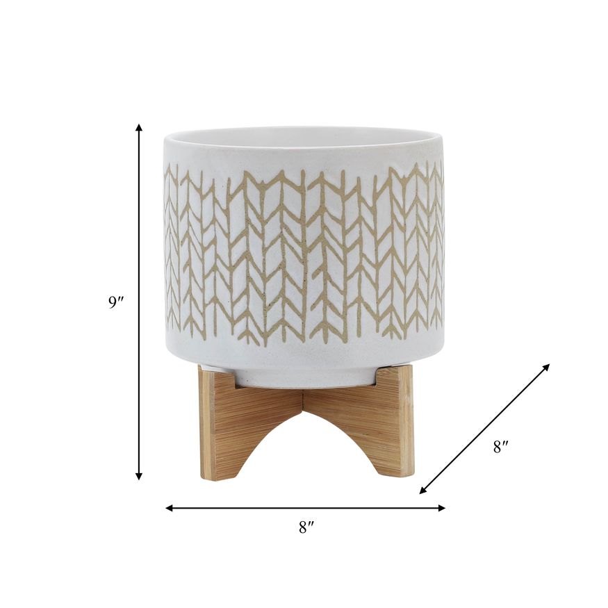 Sagebrook - 8" Chevron Planter With Wood Stand in Beige