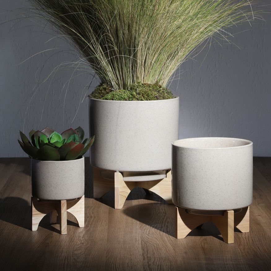 Sagebrook 8" Planter With Wood Stand - Beige