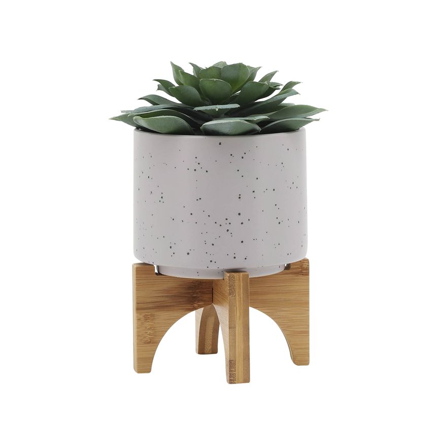 Sagebrook™ 5" Planter With Wood Stand - Matte Beige