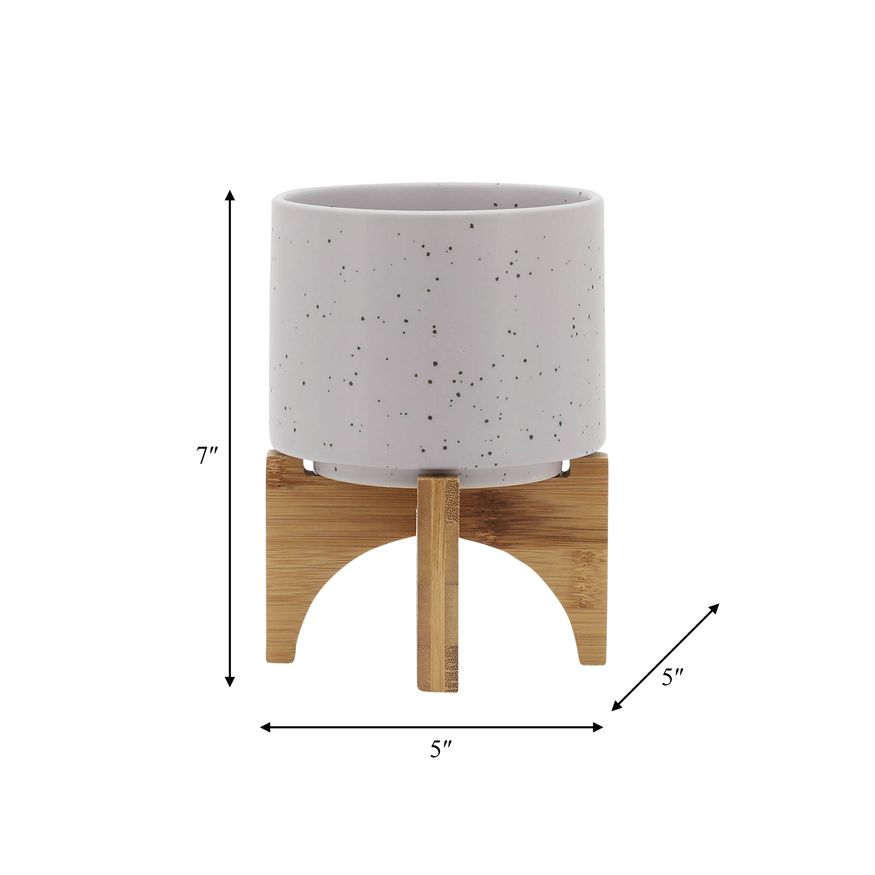 Sagebrook™ 5" Planter With Wood Stand - Matte Beige