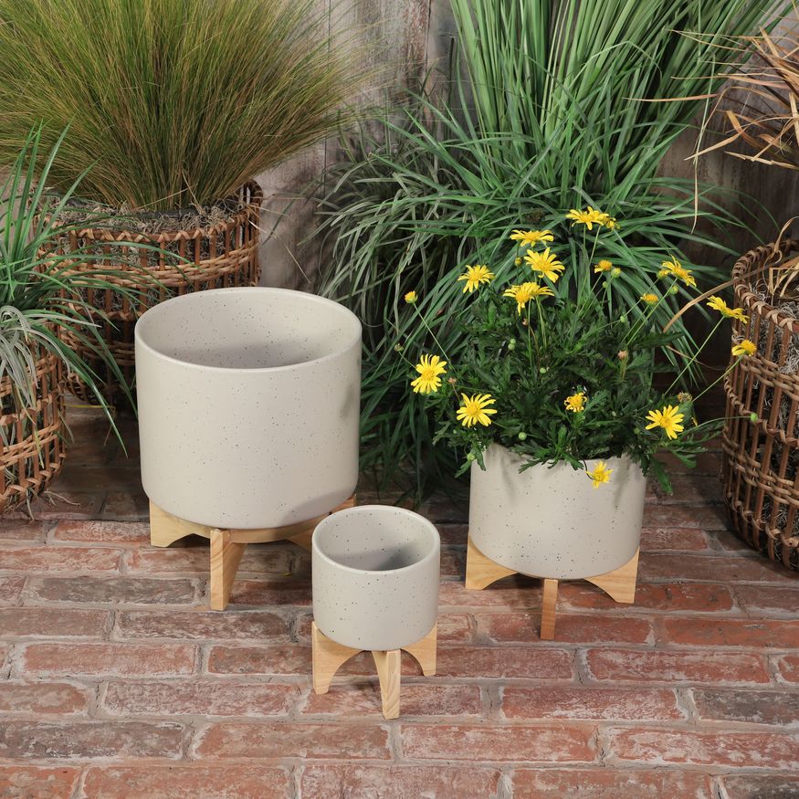 Sagebrook™ 5" Planter With Wood Stand - Matte Beige