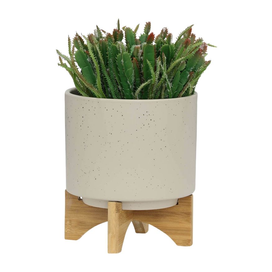 Sagebrook 5"/8" Planters With Wood Stand (Set Of 2) - Matte Beige