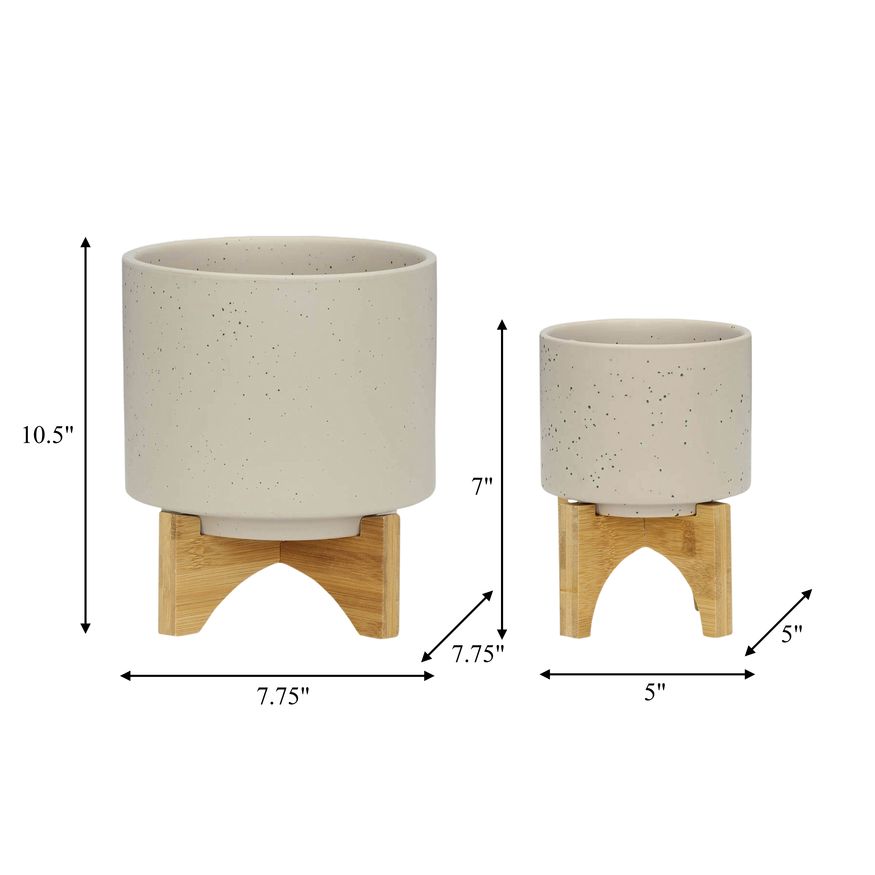 Sagebrook 5"/8" Planters With Wood Stand (Set Of 2) - Matte Beige