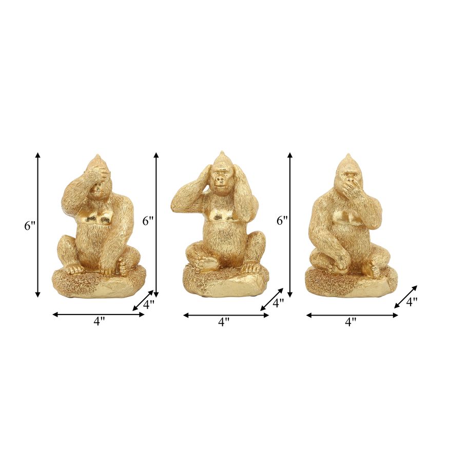 Sagebrook - Resin Hear, Speak, See No Evil Gorillas (Set Of 3) in Gold