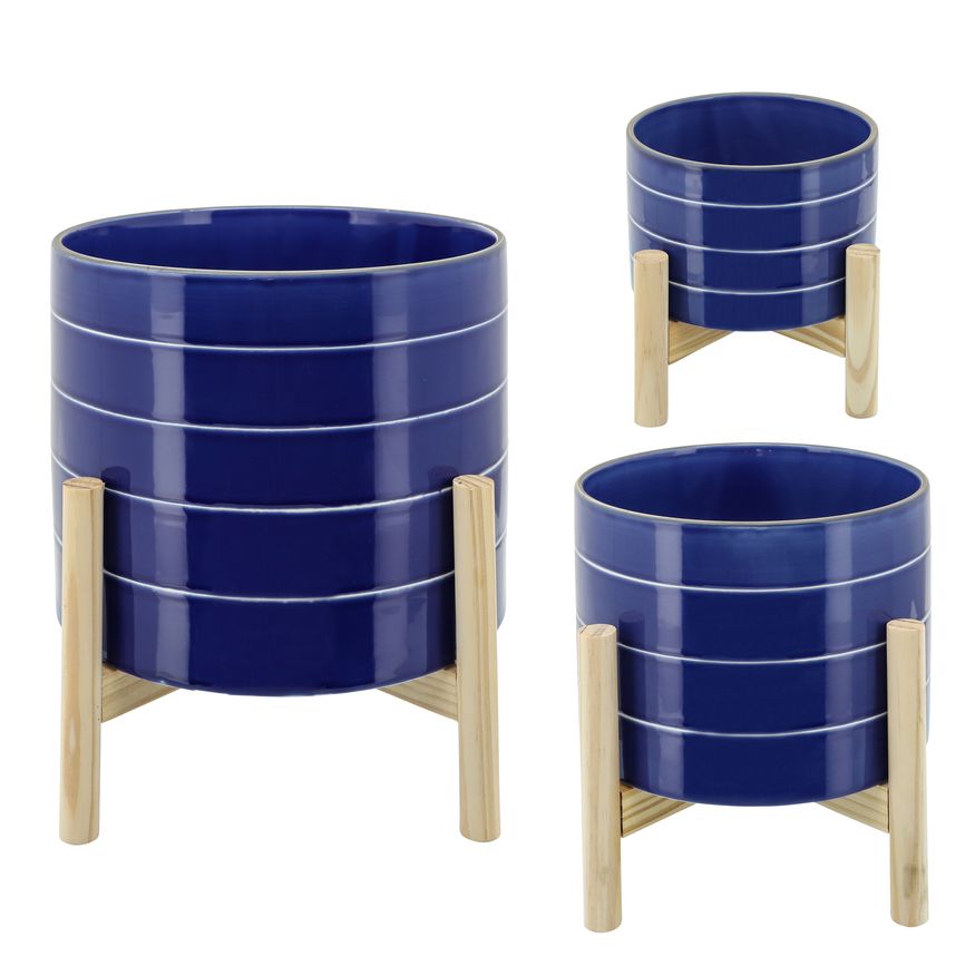 Sagebrook 8" Striped Planter With Wood Stand - Navy