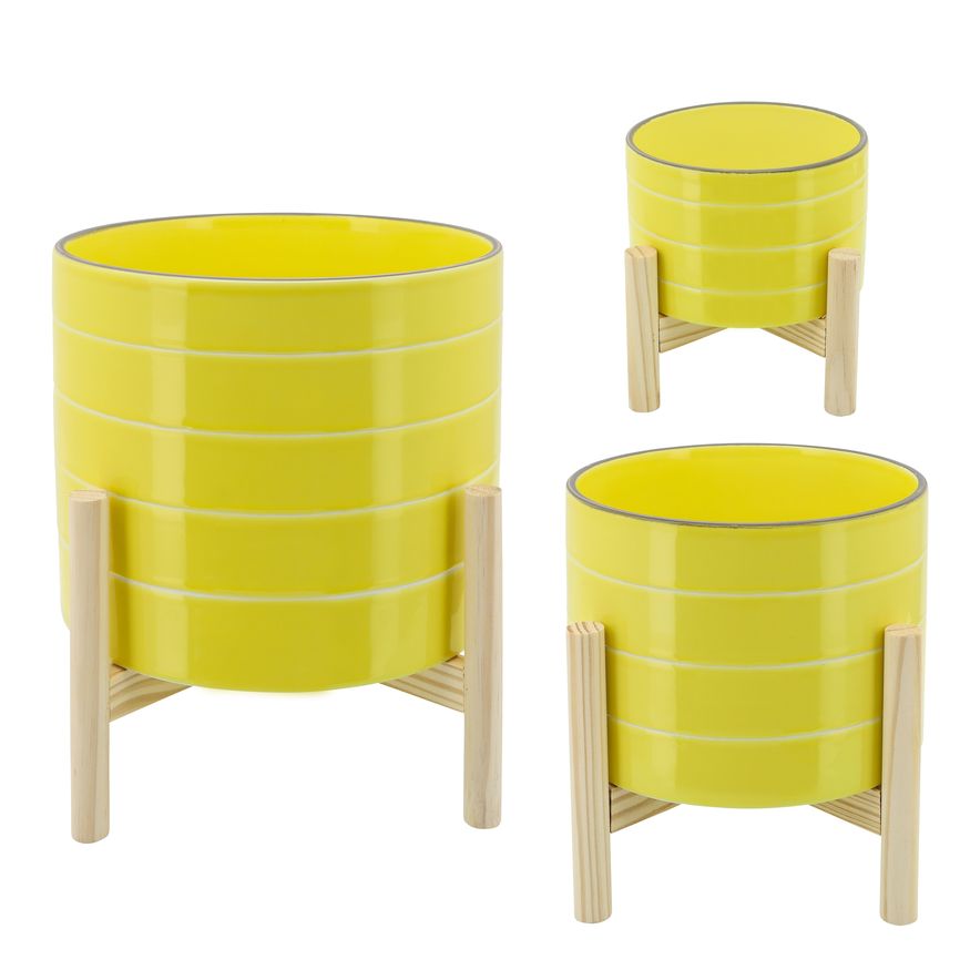 Sagebrook 8" Striped Planter With Wood Stand - Yellow