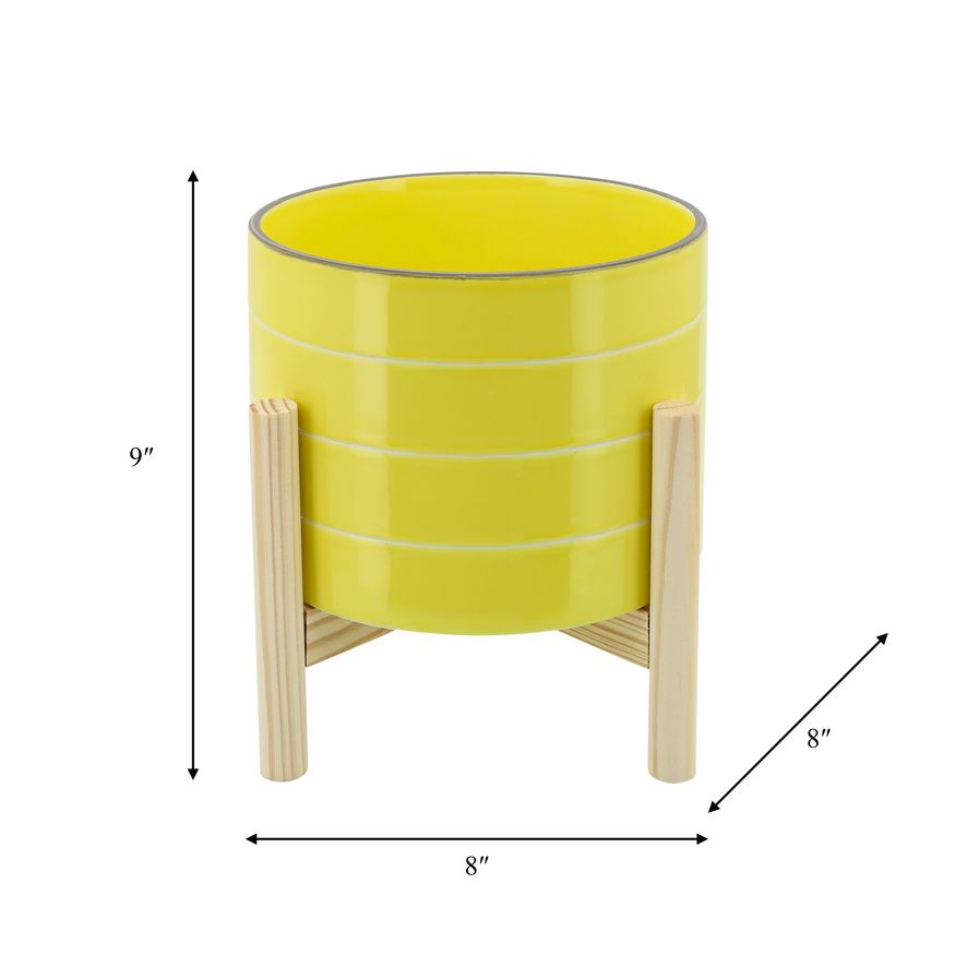 Sagebrook 8" Striped Planter With Wood Stand - Yellow