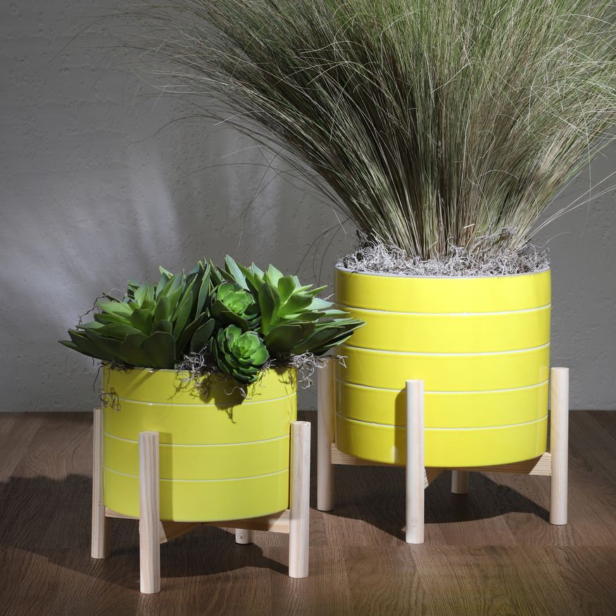 Sagebrook 8" Striped Planter With Wood Stand - Yellow