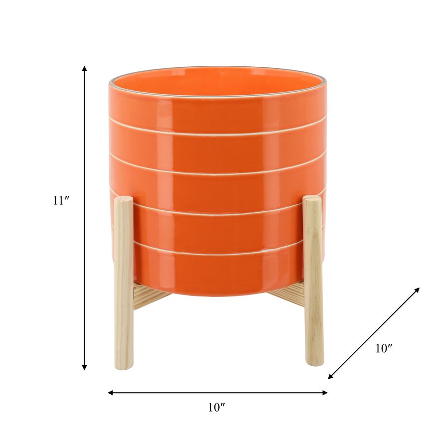 Sagebrook 10" Striped Planter With Wood Stand - Orange