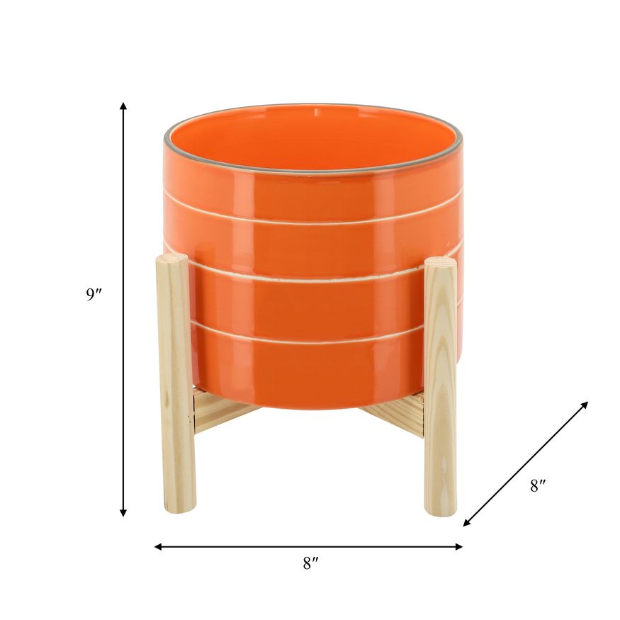 Sagebrook 8" Striped Planter With Wood Stand - Orange