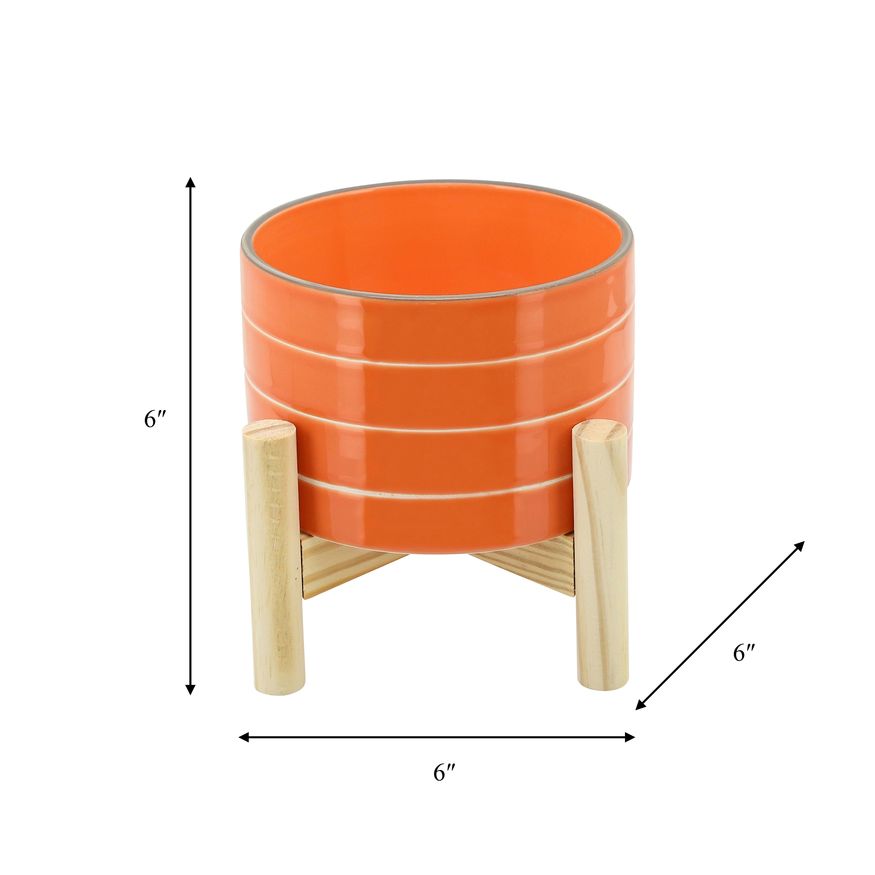 Sagebrook 6" Striped Planter With Wood Stand - Orange