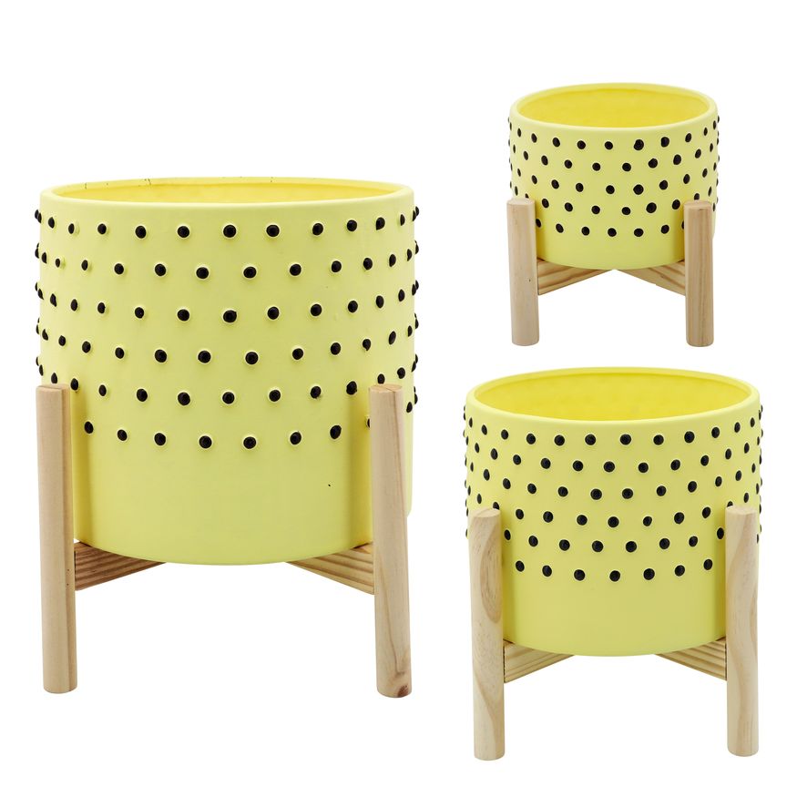 Sagebrook 10" Dotted Planter With Wood Stand - Yellow